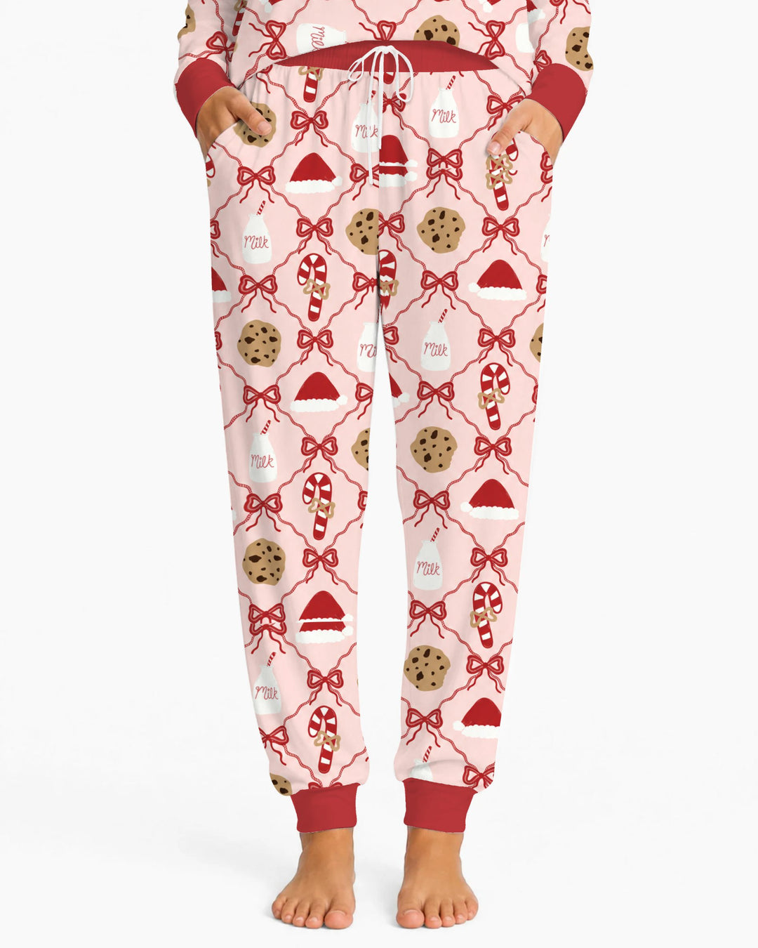 Pink Christmas Cookies and Milk Bow Lattice Bamboo Women Pajama Set