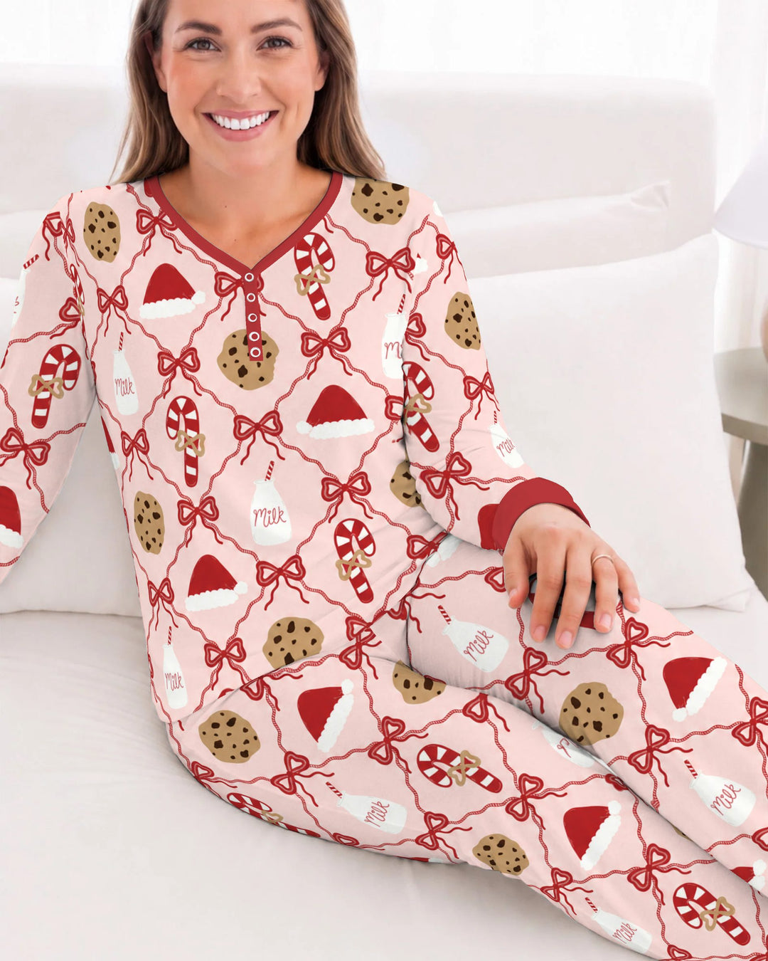 Pink Christmas Cookies and Milk Bow Lattice Bamboo Women Pajama Set