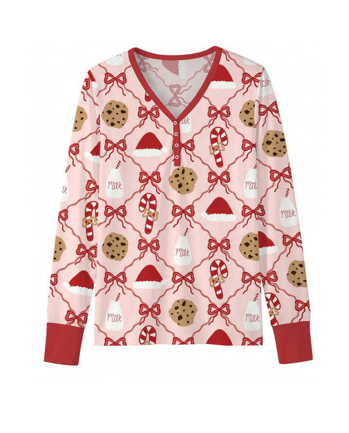 Pink Christmas Cookies and Milk Bow Lattice Bamboo Women Pajama Set