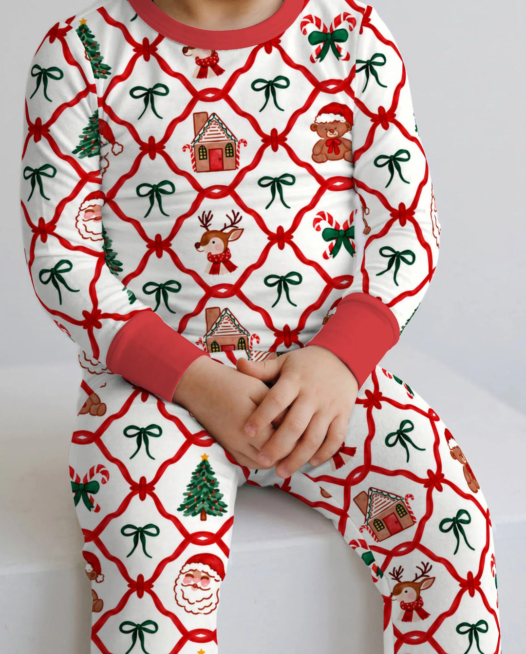 Classic Christmas Red Ribbon Lattice Bamboo Two Piece Long Sleeve Pajama Set