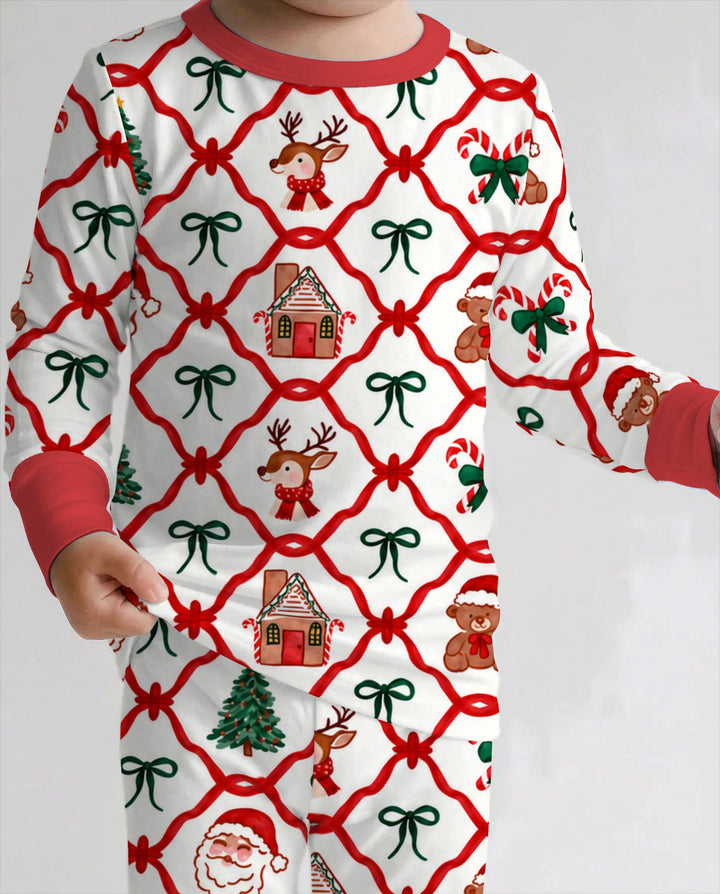 Classic Christmas Red Ribbon Lattice Bamboo Two Piece Long Sleeve Pajama Set