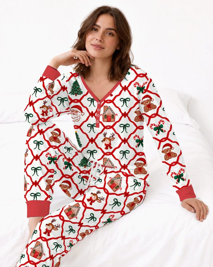 Classic Christmas Red Ribbon Lattice Bamboo Women Pajama Set