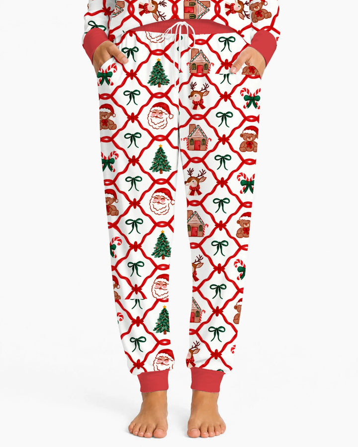 Classic Christmas Red Ribbon Lattice Bamboo Women Pajama Set