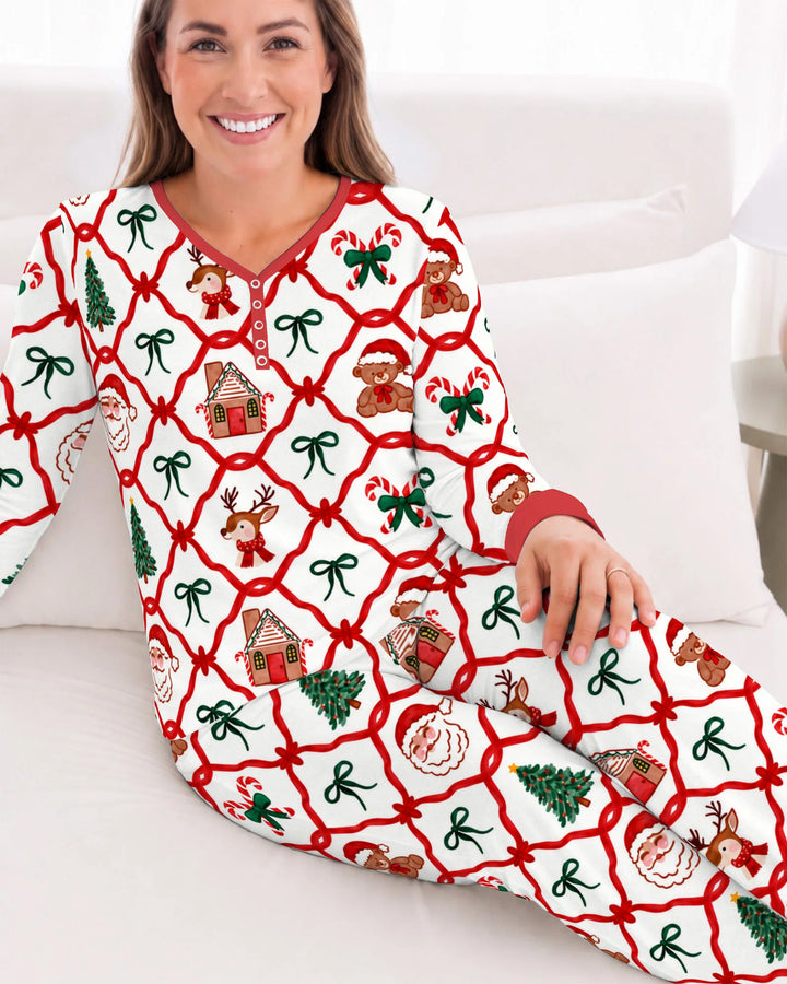 Classic Christmas Red Ribbon Lattice Bamboo Women Pajama Set