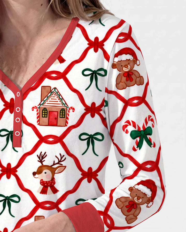 Classic Christmas Red Ribbon Lattice Bamboo Women Pajama Set
