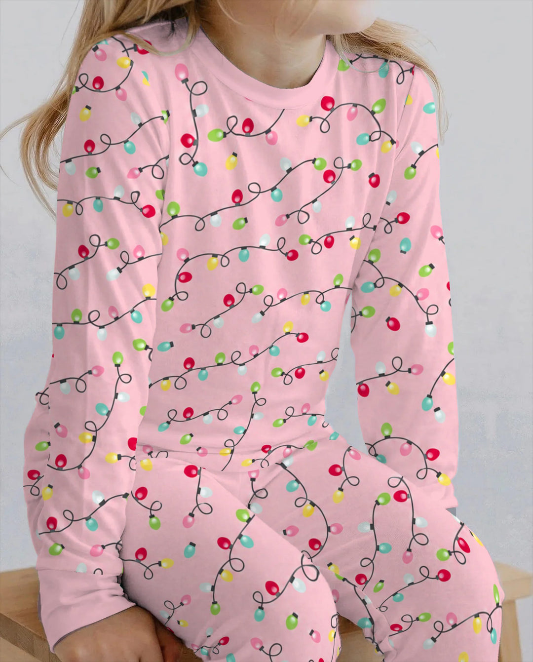 Colorful Christmas Lights on Pink Bamboo Two Piece Long Sleeve Pajama Set