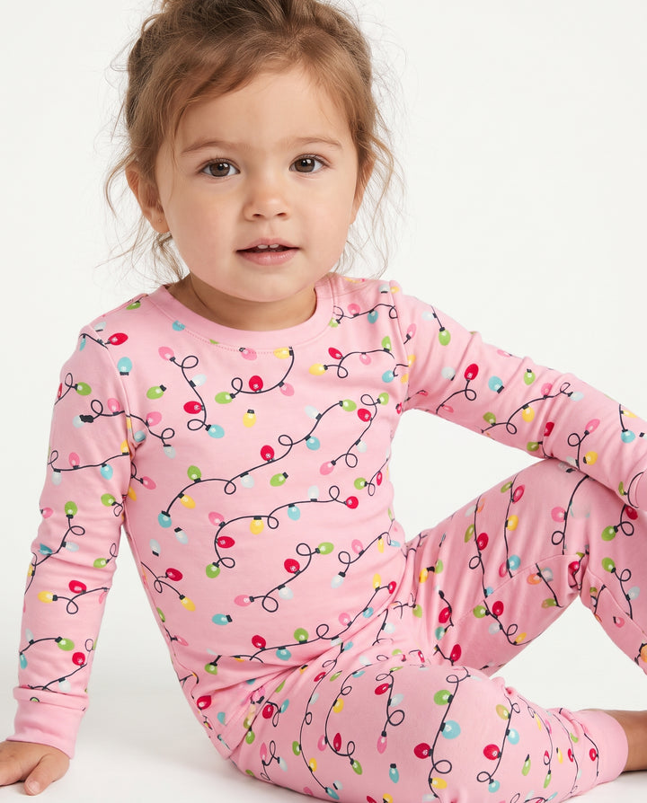Colorful Christmas Lights on Pink Bamboo Two Piece Long Sleeve Pajama Set