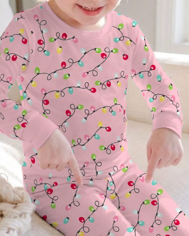 Colorful Christmas Lights on Pink Bamboo Two Piece Long Sleeve Pajama Set