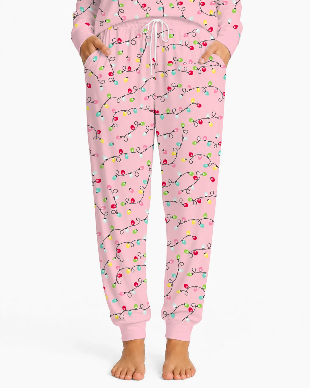 Colorful Christmas Lights on Pink Bamboo Women Pajama Set