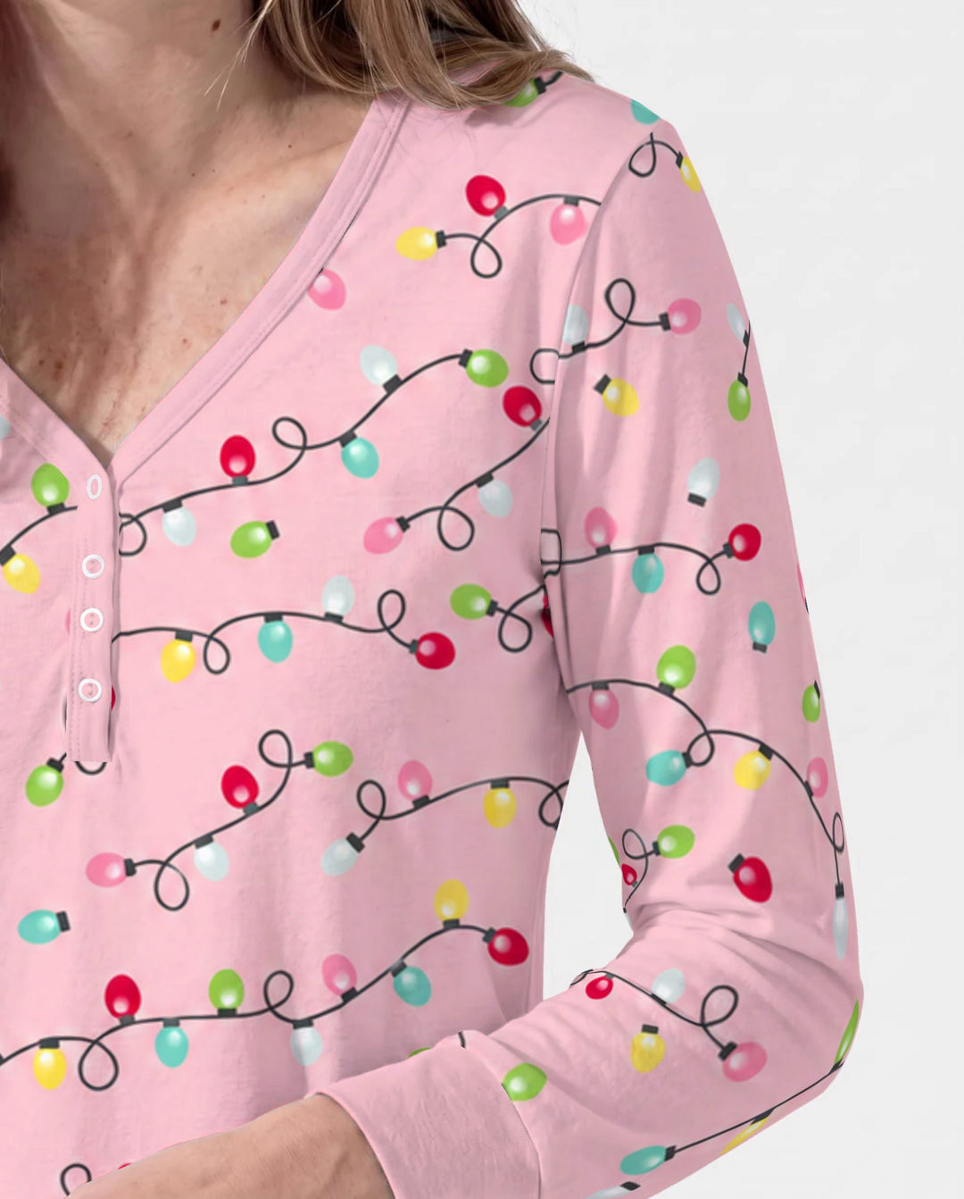 Colorful Christmas Lights on Pink Bamboo Women Pajama Set