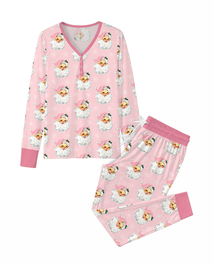 Vintage Pink Santa Face Toss Bamboo Women Pajama Set