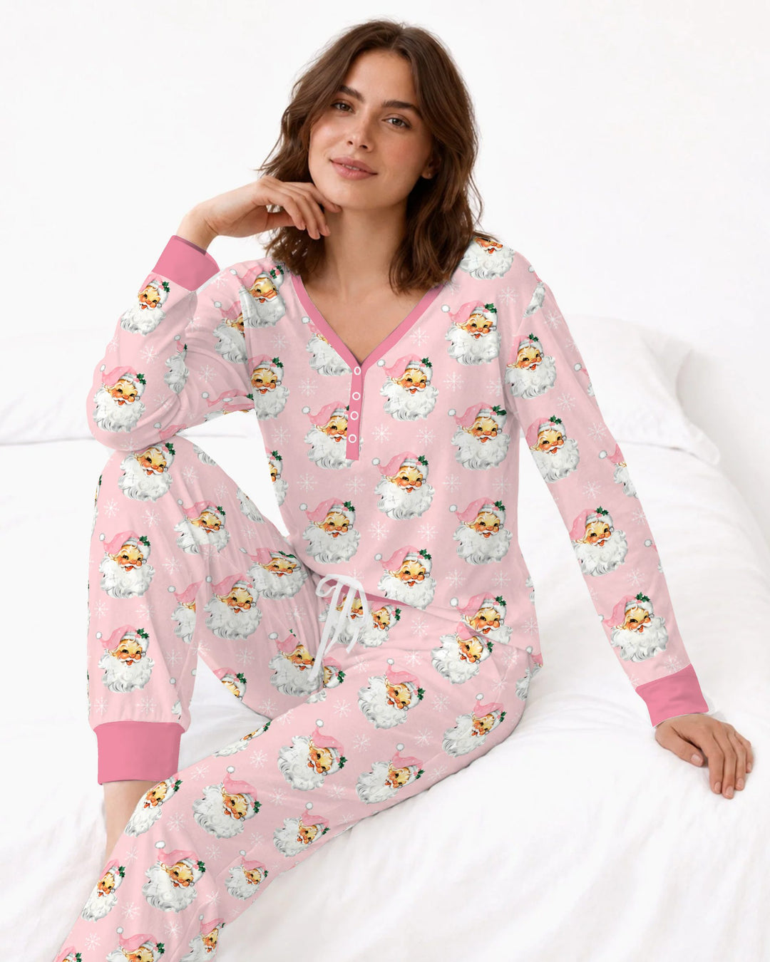 Vintage Pink Santa Face Toss Bamboo Women Pajama Set