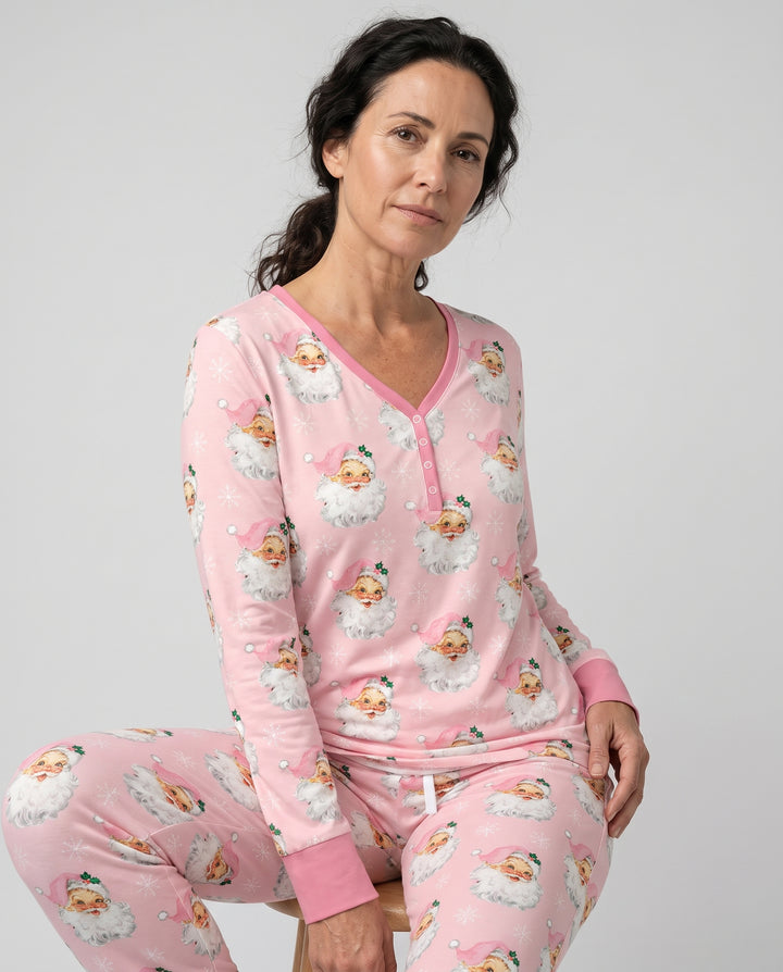 Vintage Pink Santa Face Toss Bamboo Women Pajama Set