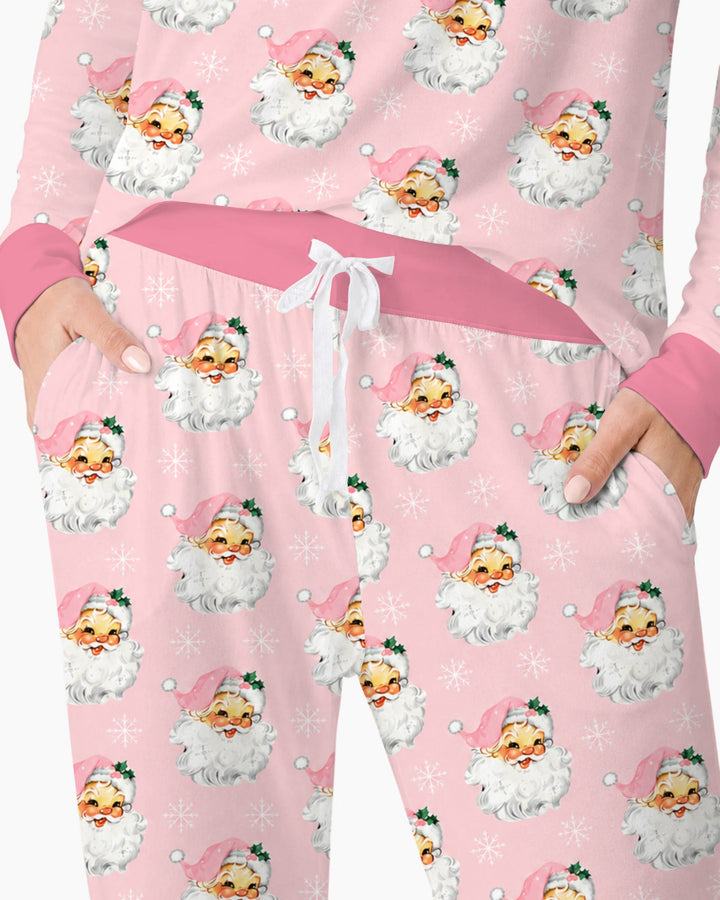 Vintage Pink Santa Face Toss Bamboo Women Pajama Set