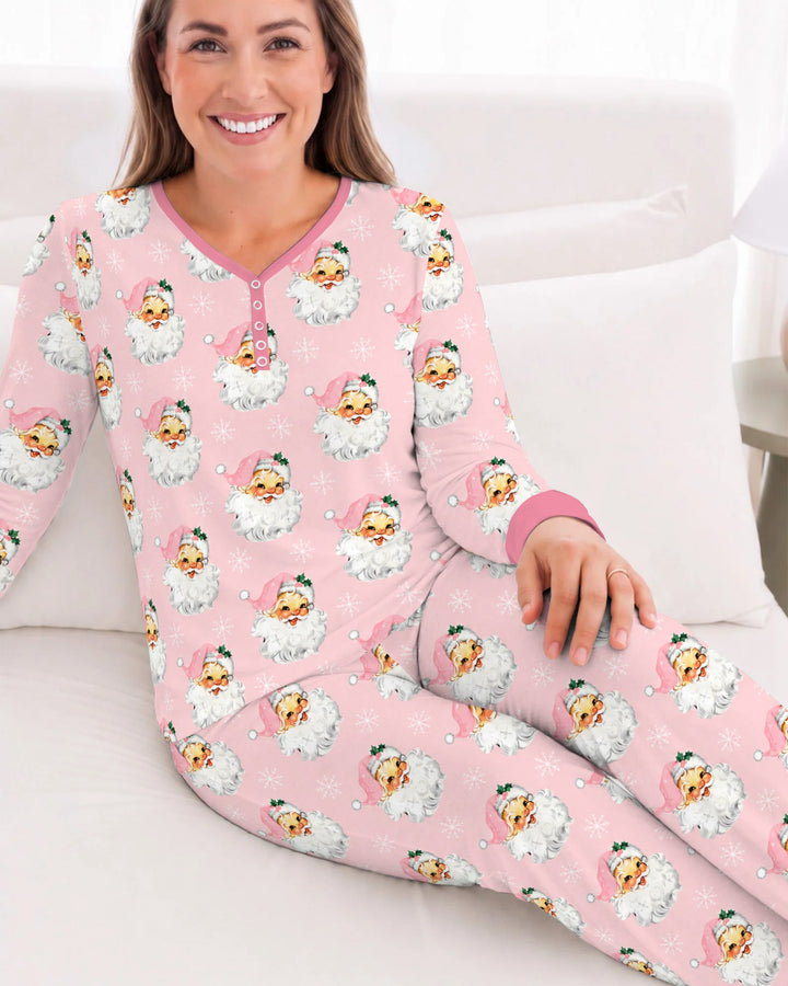 Vintage Pink Santa Face Toss Bamboo Women Pajama Set