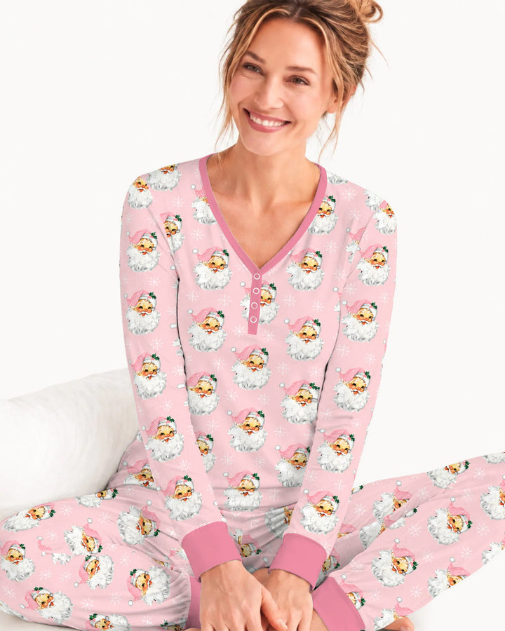 Vintage Pink Santa Face Toss Bamboo Women Pajama Set
