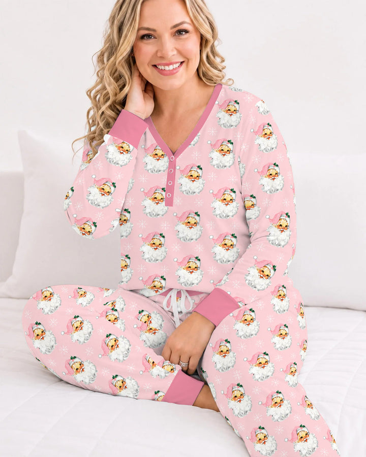 Vintage Pink Santa Face Toss Bamboo Women Pajama Set