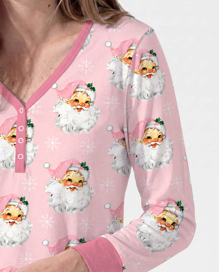 Vintage Pink Santa Face Toss Bamboo Women Pajama Set