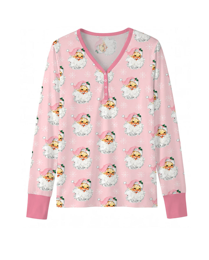 Vintage Pink Santa Face Toss Bamboo Women Pajama Set