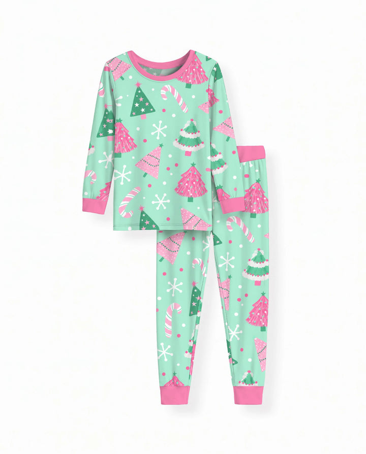 Pink & Mint Candy Christmas Trees Bamboo Two Piece Long Sleeve Pajama Set