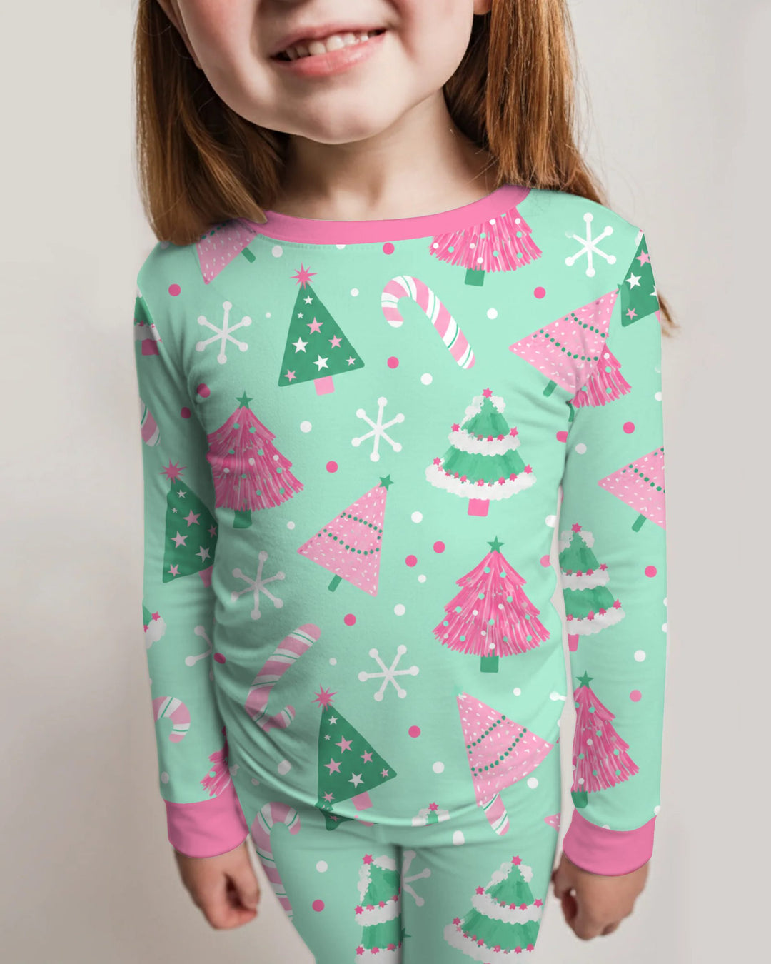 Pink & Mint Candy Christmas Trees Bamboo Two Piece Long Sleeve Pajama Set