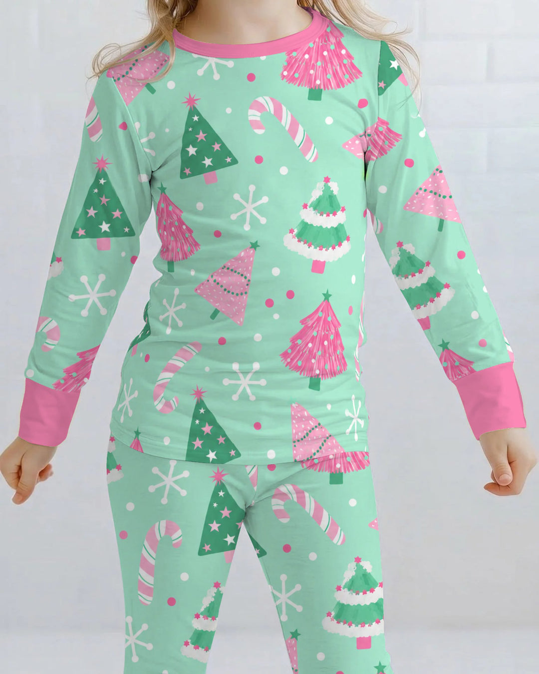 Pink & Mint Candy Christmas Trees Bamboo Two Piece Long Sleeve Pajama Set