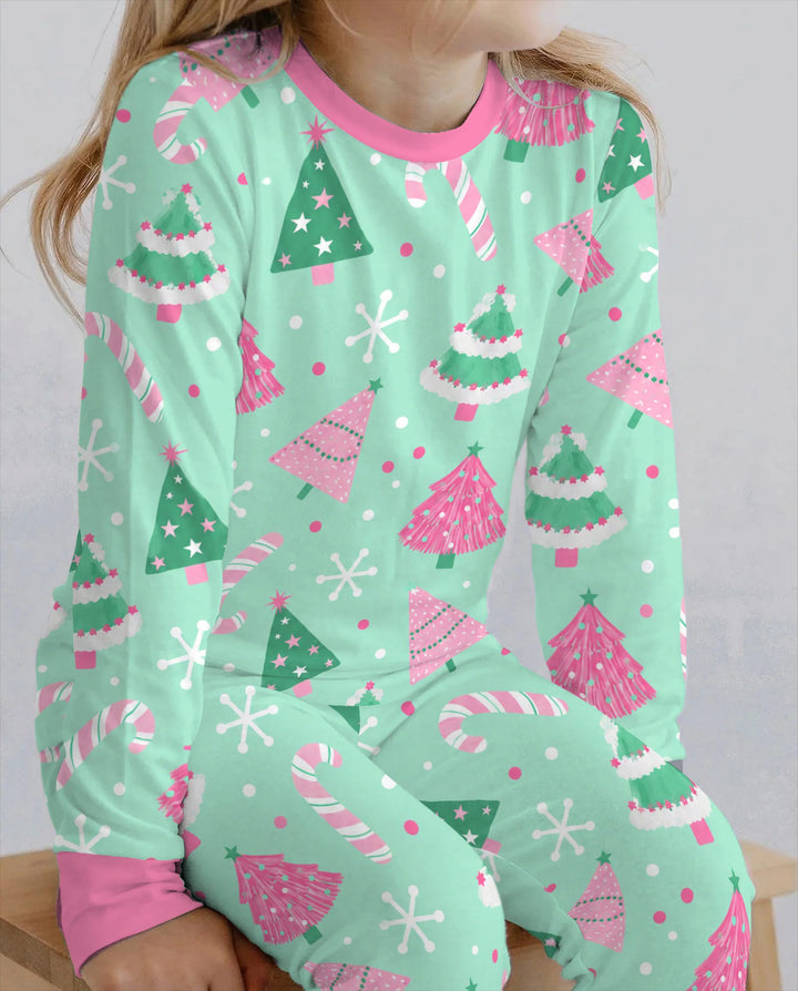 Pink & Mint Candy Christmas Trees Bamboo Two Piece Long Sleeve Pajama Set