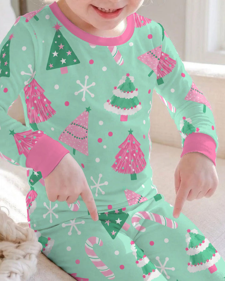 Pink & Mint Candy Christmas Trees Bamboo Two Piece Long Sleeve Pajama Set