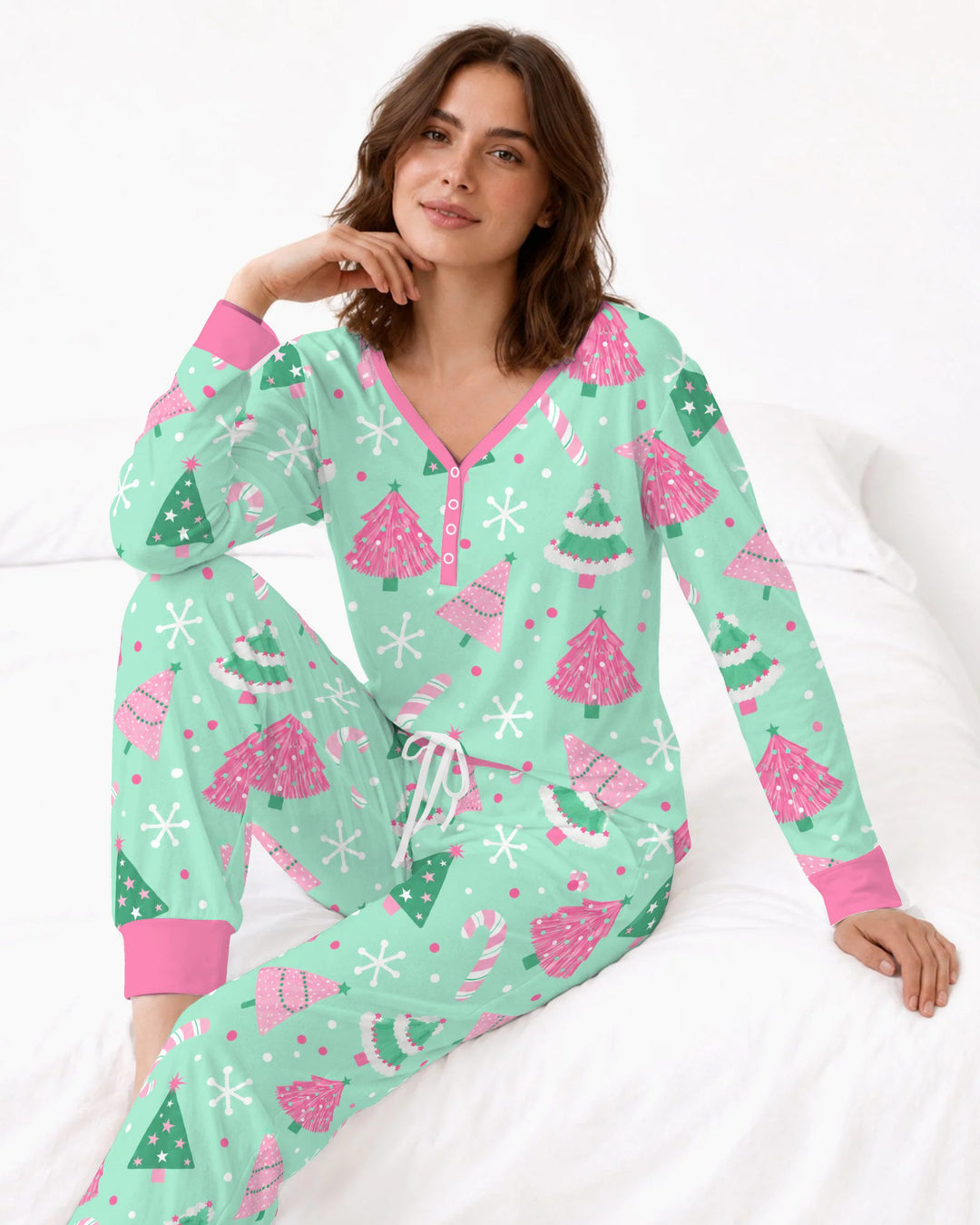 Pink & Mint Candy Christmas Trees Bamboo Women Pajama Set