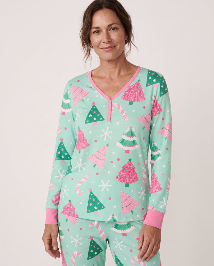 Pink & Mint Candy Christmas Trees Bamboo Women Pajama Set