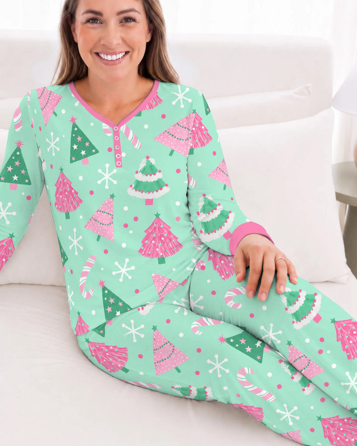 Pink & Mint Candy Christmas Trees Bamboo Women Pajama Set