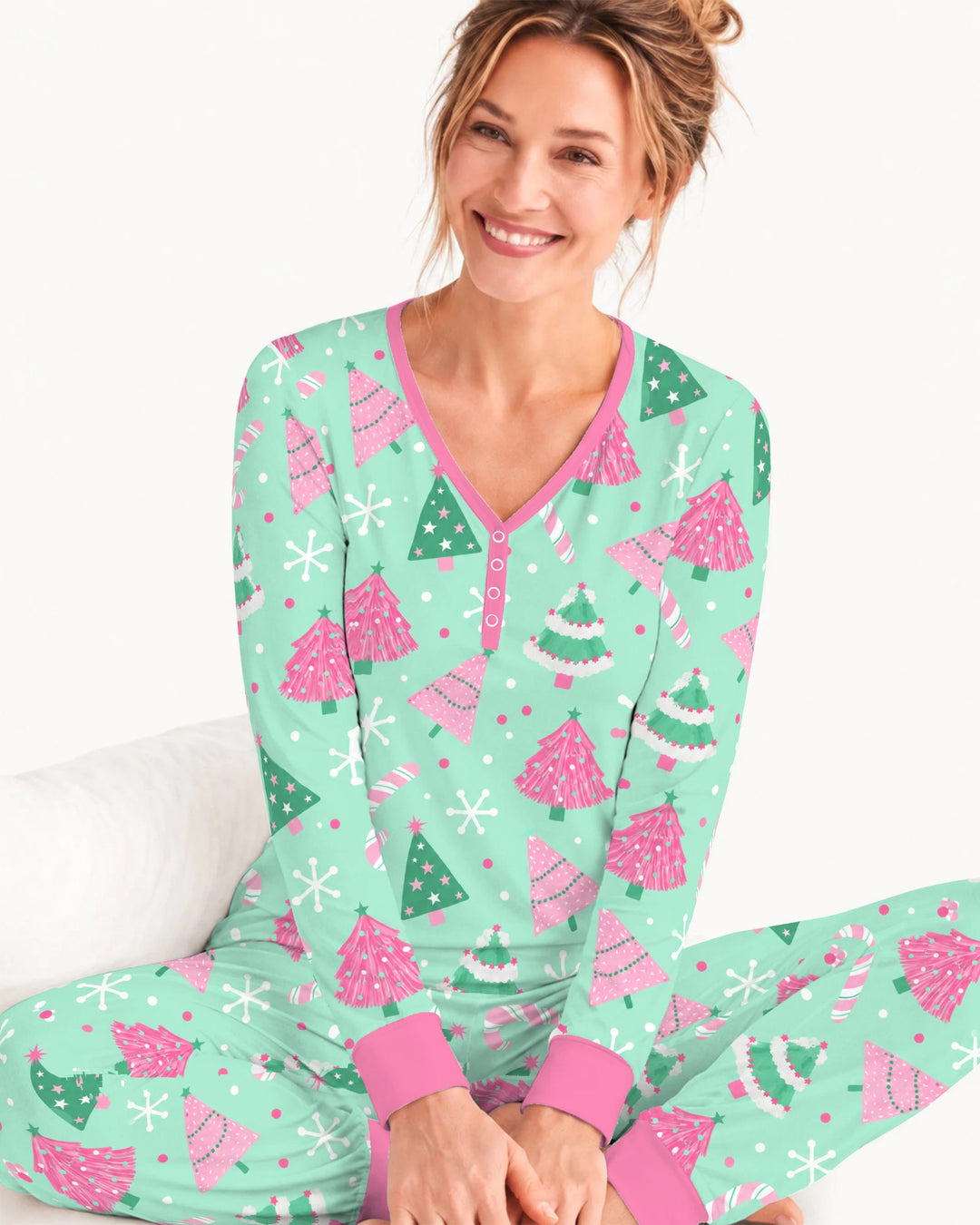 Pink & Mint Candy Christmas Trees Bamboo Women Pajama Set