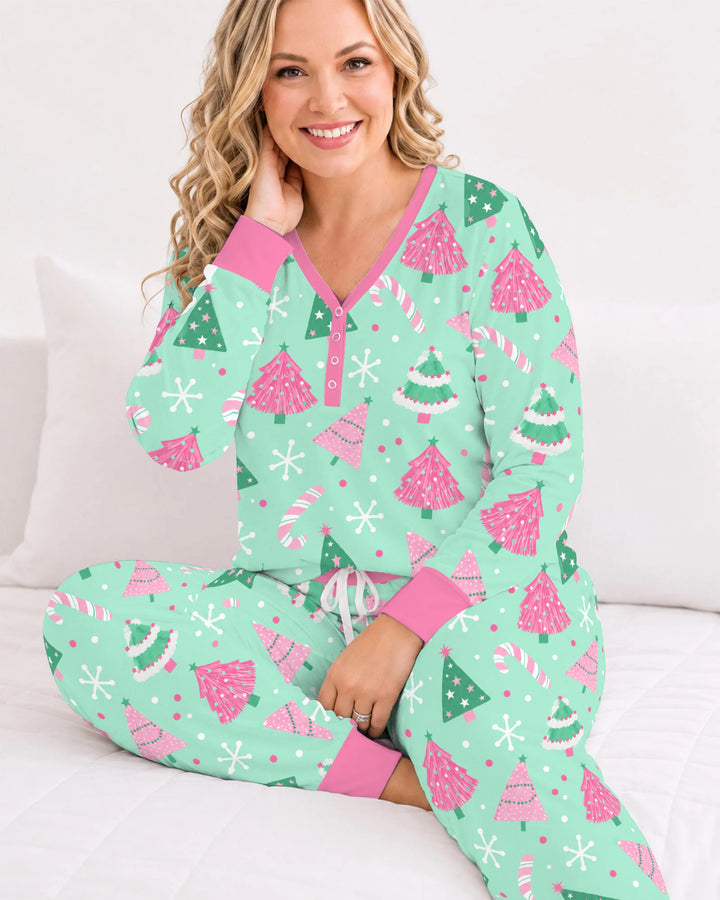 Pink & Mint Candy Christmas Trees Bamboo Women Pajama Set