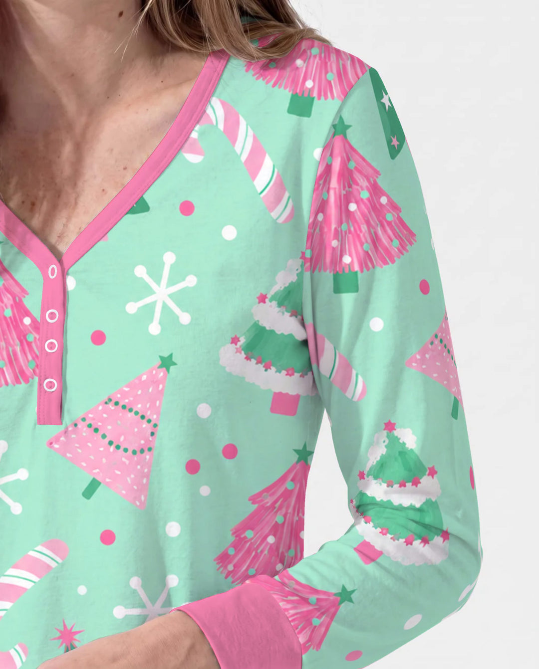 Pink & Mint Candy Christmas Trees Bamboo Women Pajama Set