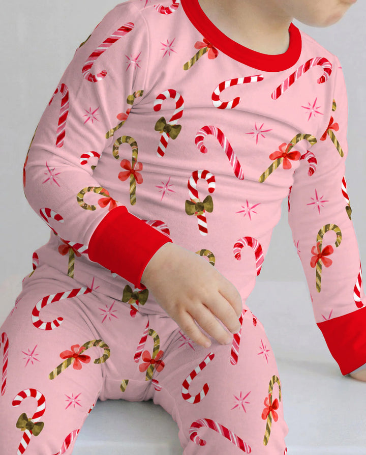 Coquette Christmas Candy Canes & Bows Bamboo Two Piece Long Sleeve Pajama Set