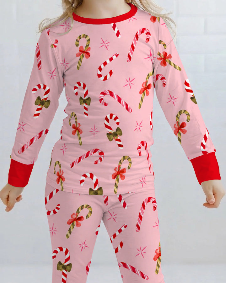 Coquette Christmas Candy Canes & Bows Bamboo Two Piece Long Sleeve Pajama Set