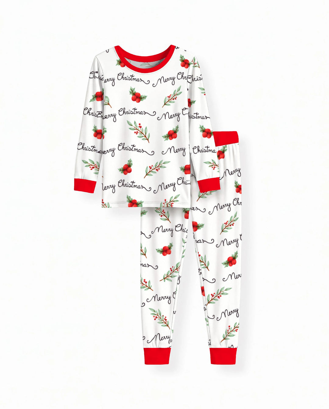 Watercolor Merry Christmas Holly Berries Bamboo Two Piece Long Sleeve Pajama Set