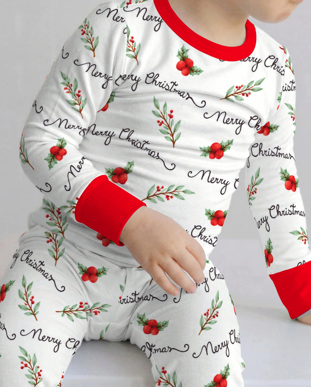 Watercolor Merry Christmas Holly Berries Bamboo Two Piece Long Sleeve Pajama Set