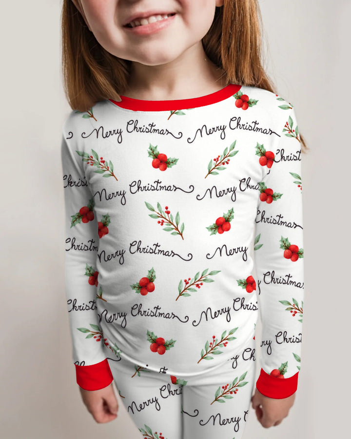 Watercolor Merry Christmas Holly Berries Bamboo Two Piece Long Sleeve Pajama Set
