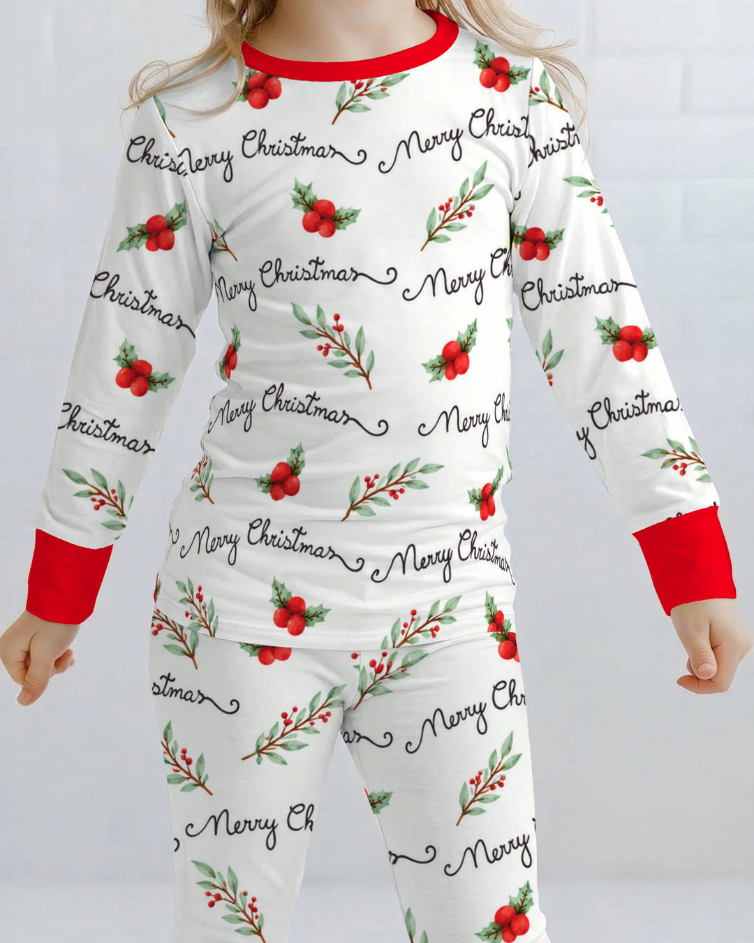 Watercolor Merry Christmas Holly Berries Bamboo Two Piece Long Sleeve Pajama Set