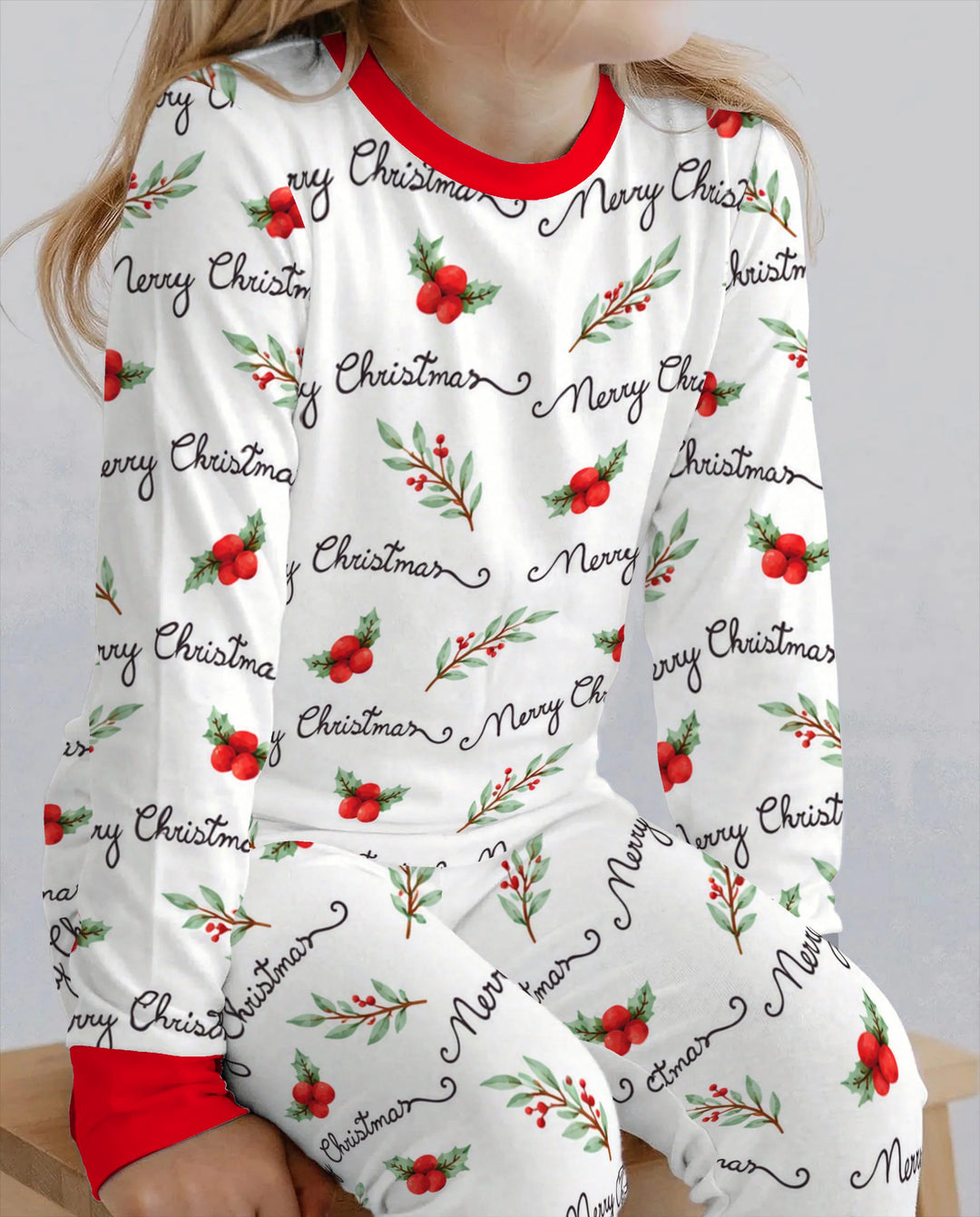 Watercolor Merry Christmas Holly Berries Bamboo Two Piece Long Sleeve Pajama Set