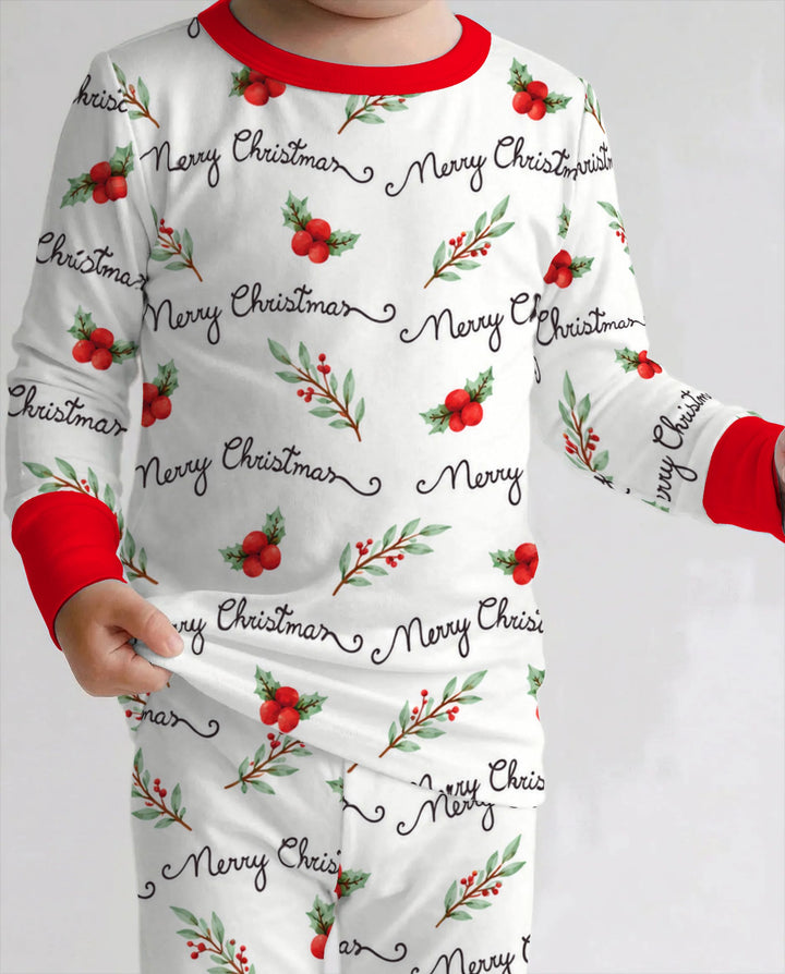 Watercolor Merry Christmas Holly Berries Bamboo Two Piece Long Sleeve Pajama Set