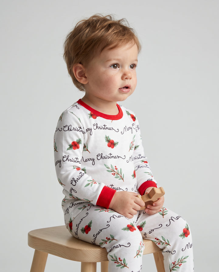 Watercolor Merry Christmas Holly Berries Bamboo Two Piece Long Sleeve Pajama Set