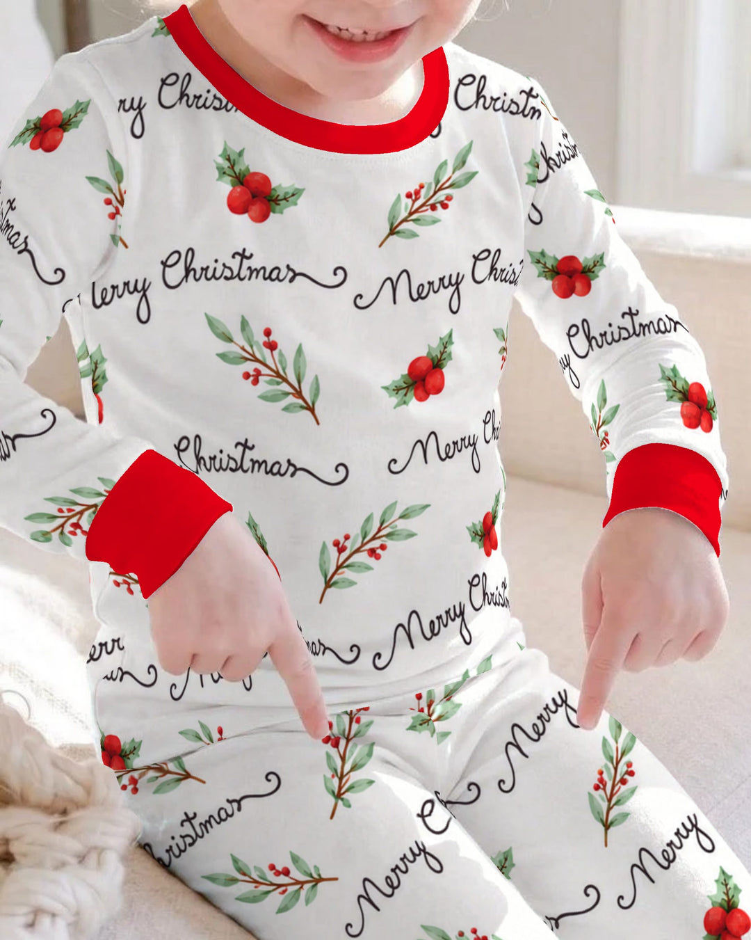 Watercolor Merry Christmas Holly Berries Bamboo Two Piece Long Sleeve Pajama Set