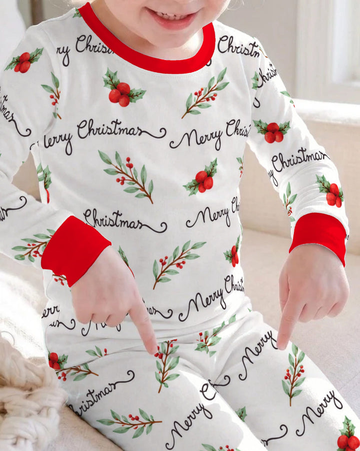 Watercolor Merry Christmas Holly Berries Bamboo Two Piece Long Sleeve Pajama Set
