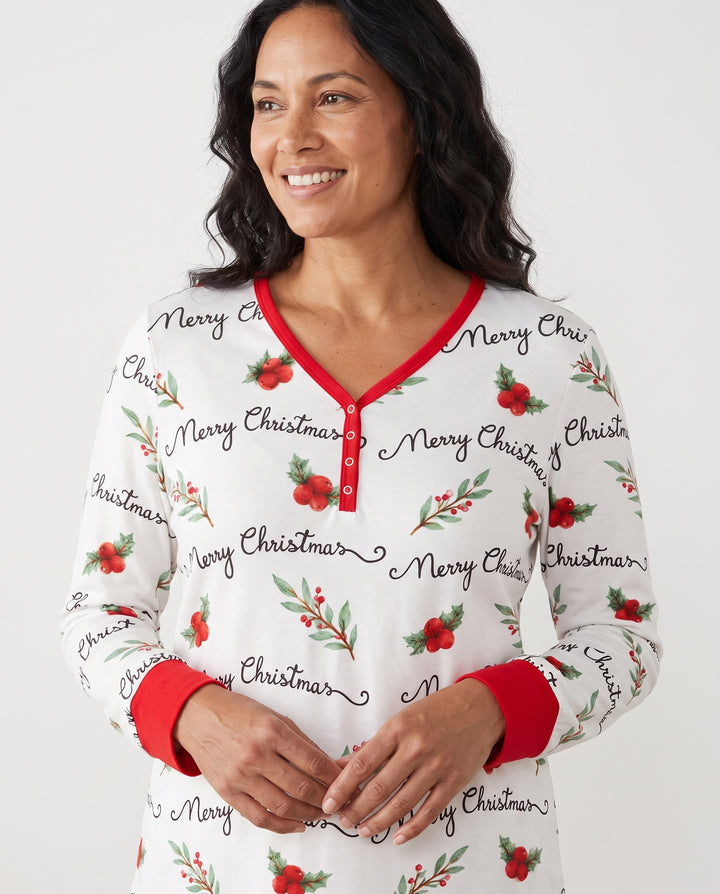 Watercolor Merry Christmas Holly Berries Bamboo Women Pajama Set