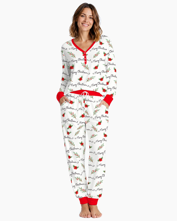Watercolor Merry Christmas Holly Berries Bamboo Women Pajama Set