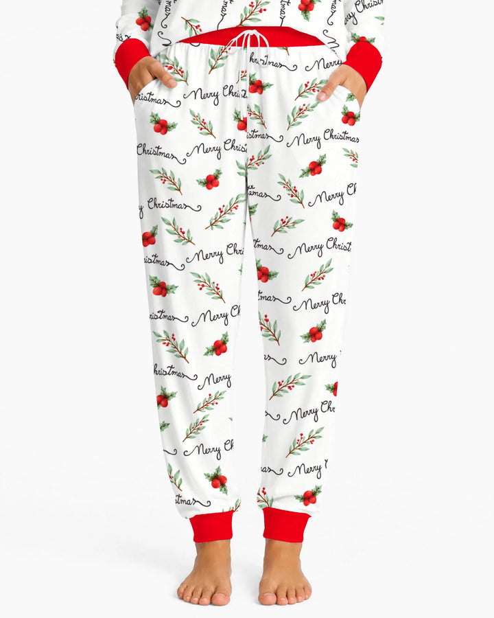 Watercolor Merry Christmas Holly Berries Bamboo Women Pajama Set
