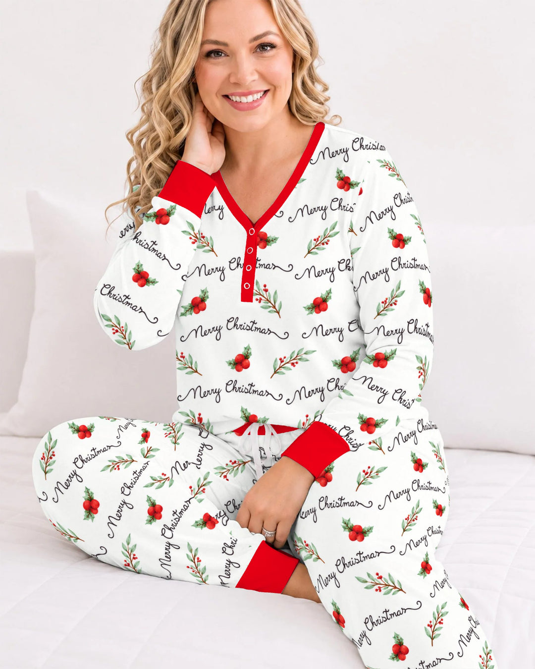 Watercolor Merry Christmas Holly Berries Bamboo Women Pajama Set