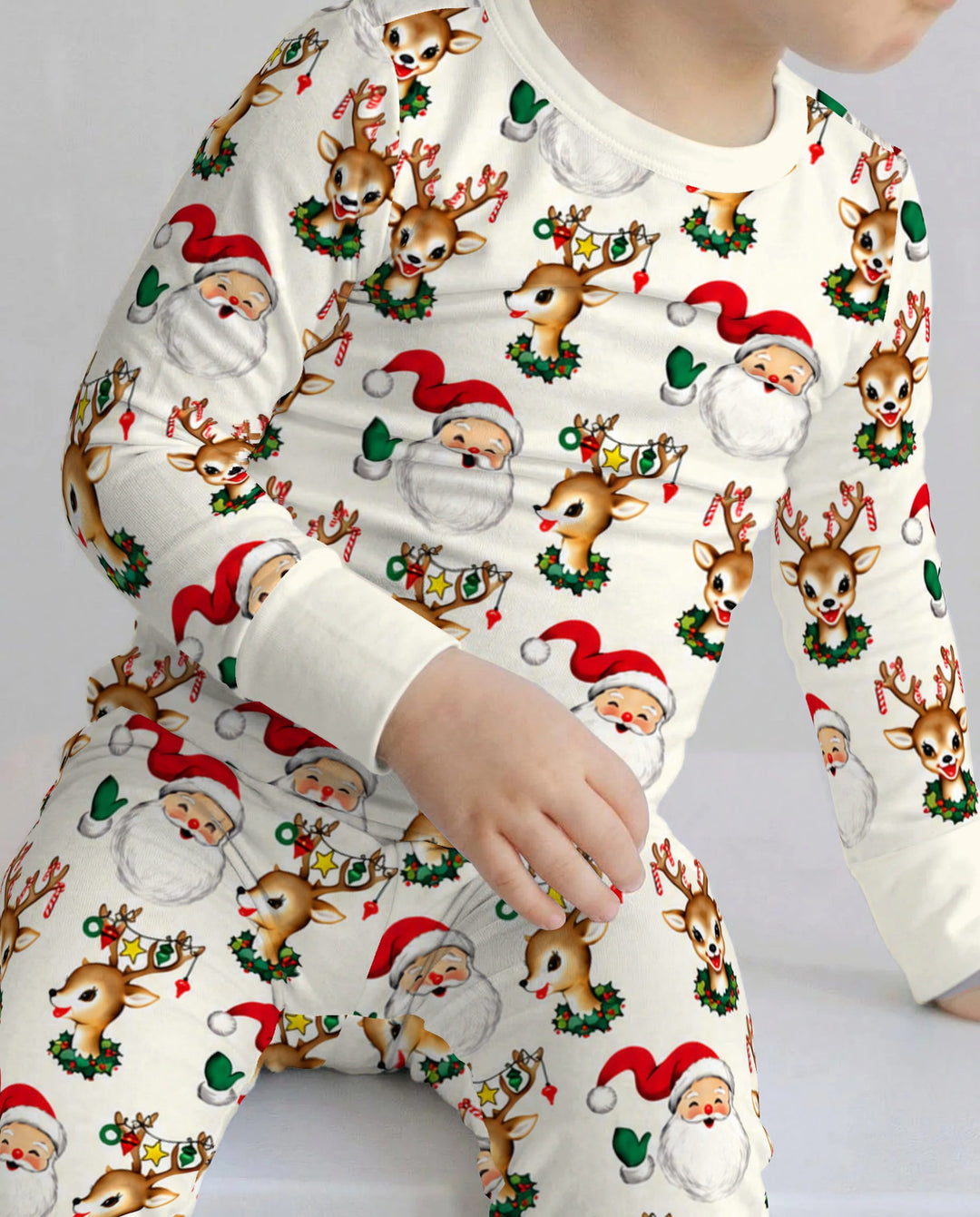 Vintage Santa & Reindeer Christmas Toss Bamboo Two Piece Long Sleeve Pajama Set